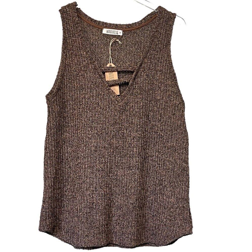 WanderLux Marissa Women Sleeveless‎ Sweater Tank Medium V-neck Loose Knit Brown